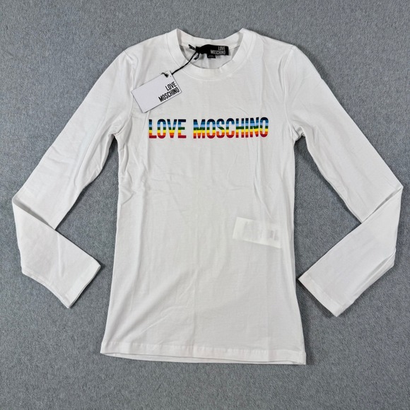 Love Moschino Tops - Y2K Love Moschino T-Shirt Women White Rainbow Logo Long Sleeve Top Size 2